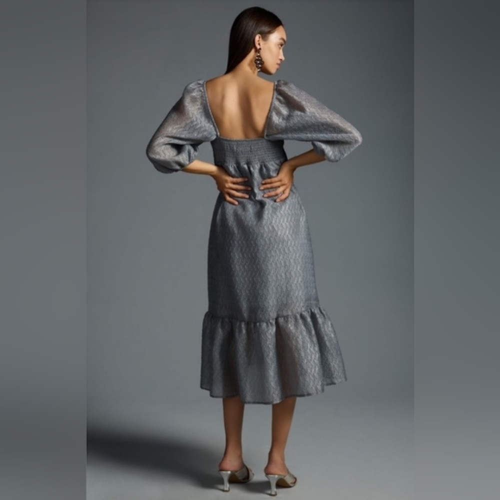 By Anthropologie Elegant Silver Textured Puff Sleeve Dress - Picture 2 of 7